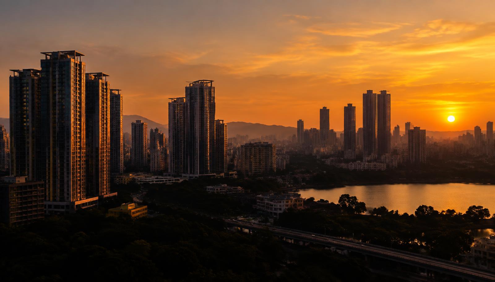 Indian city skyline at sunset