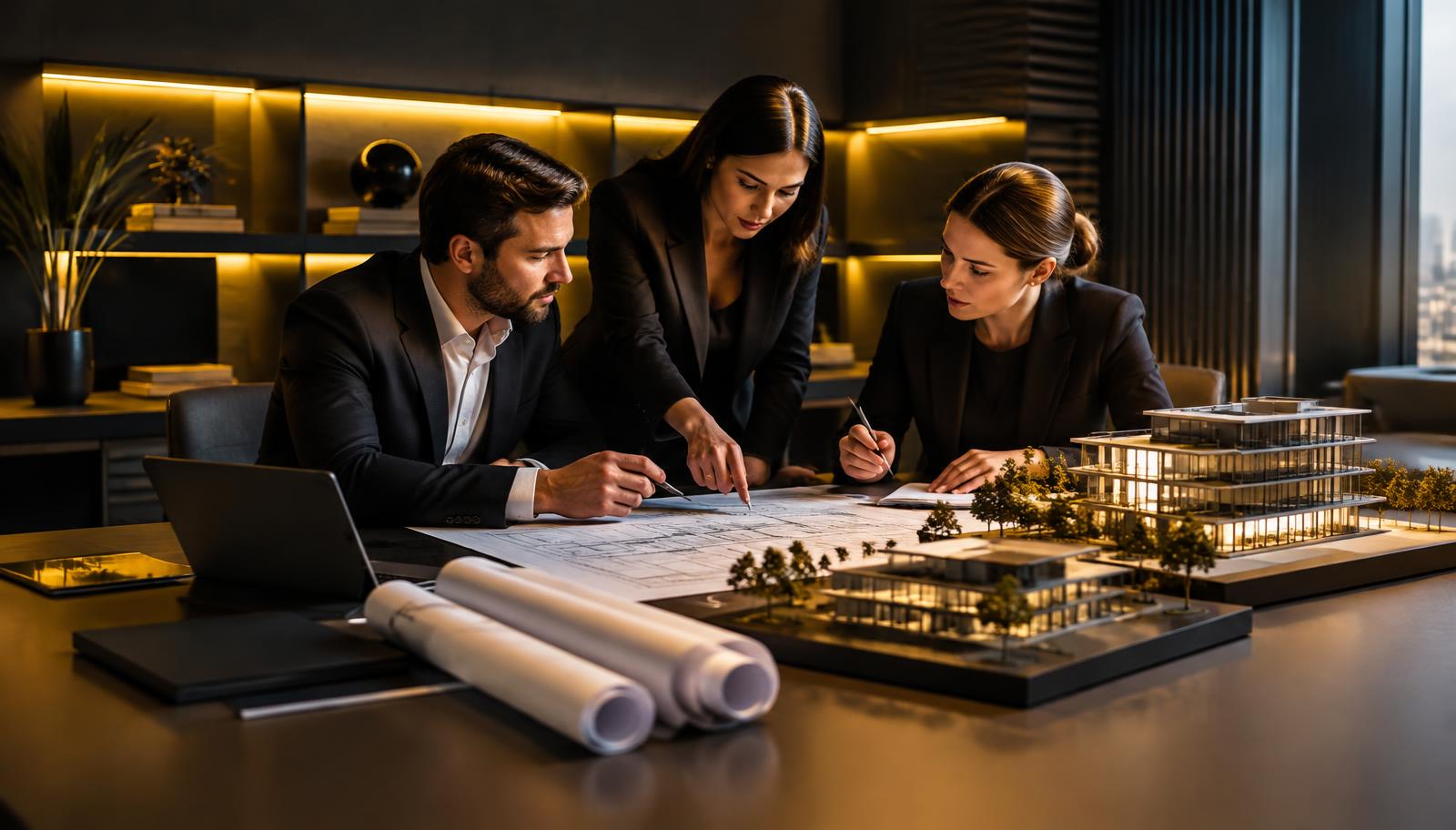 Professionals reviewing architectural plans and a building model